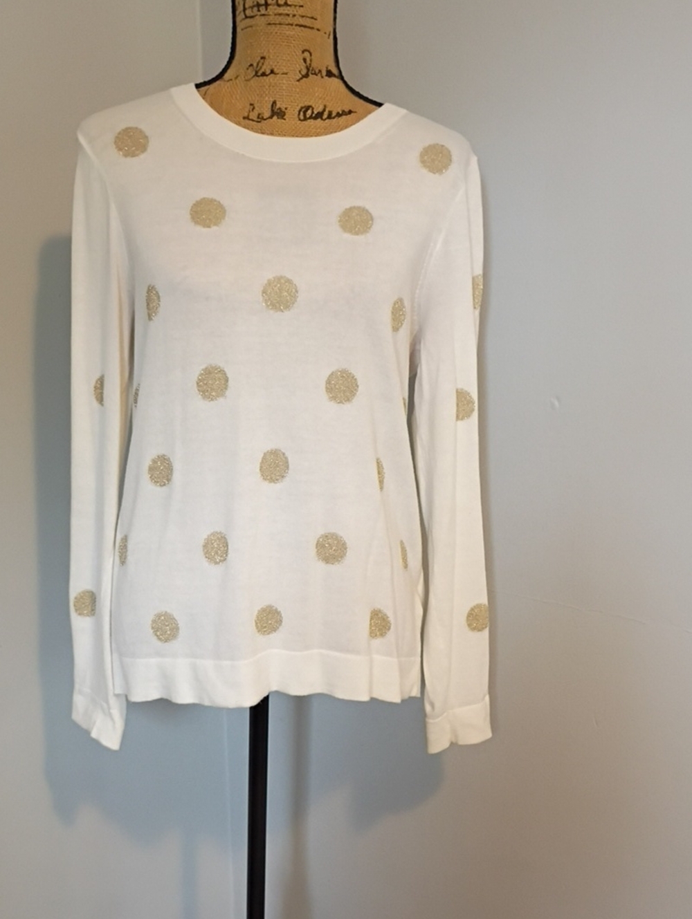 J. Crew White Crewneck Sweater with Gold Polka Dots